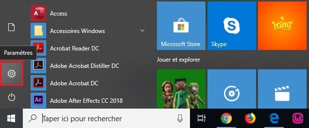 Menu démarrer - Accès aux paramètres Windows 10