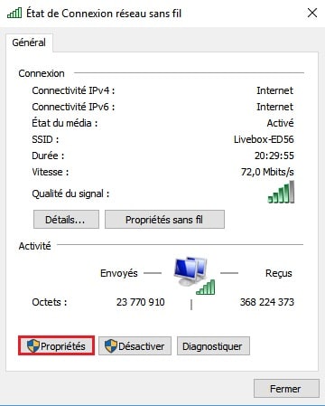 Etat connexion sans fil / Aller dans propriétés