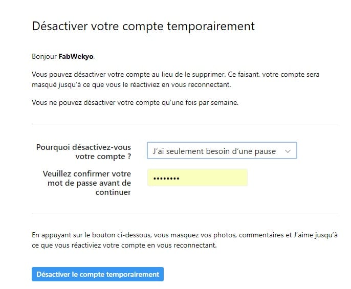 confirmation desactivation instagram