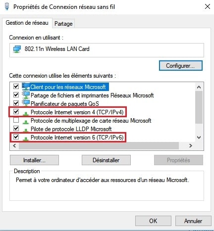 Sélection du protocole TCP IPv4 ou TCP IPv6