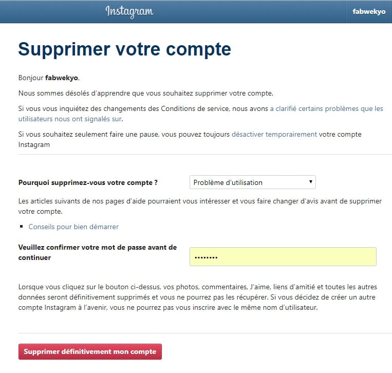 suppression définitive compte instagram